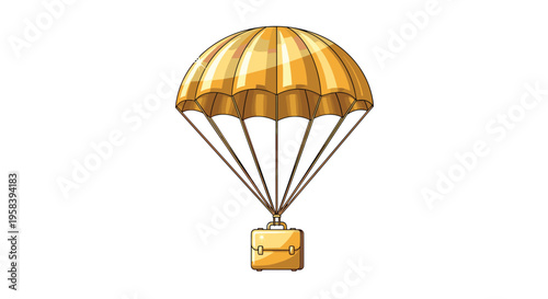 A fully deployed golden parachute carries a golden briefcase descending on a white background.