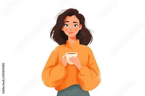 Young caucasian female holding coffee cup in cozy orange sweater