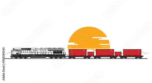 A white locomotive pulls red cargo containers across a flat landscape with a large orange sun in the background.