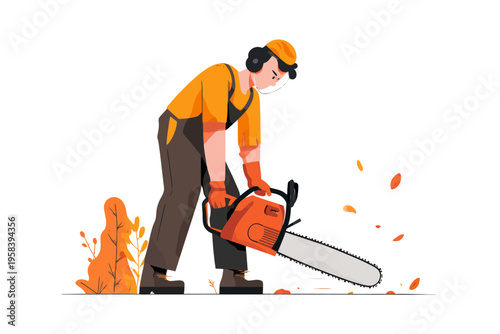 Young caucasian male lumberjack using chainsaw in autumn forest scene
