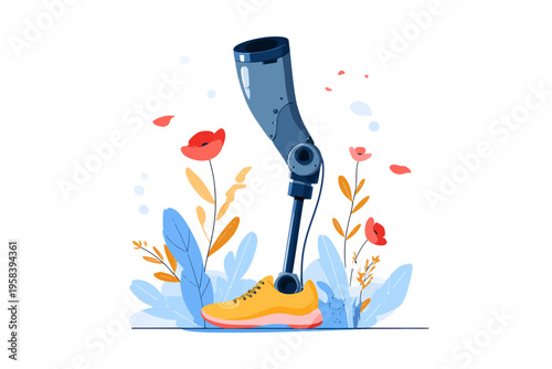 Modern prosthetic leg amidst vibrant floral design with sneaker