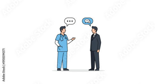 A doctor in blue scrubs with a stethoscope talks to a man in a dark suit with speech bubbles on a white background.