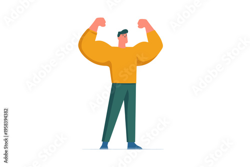 Cartoon of young caucasian male with large arms in yellow shirt