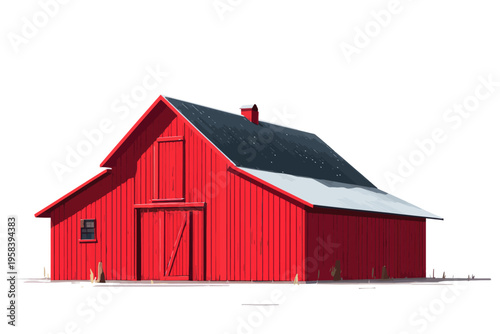 Red barn with black roof on a clear white background