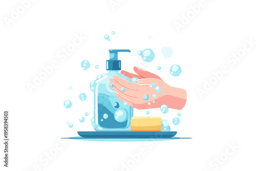 Hand washing with soap and water: hygiene illustration with hand sanitizer