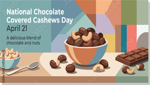 National Chocolate Covered Cashews Day April 21 Food Illustration, Chocolate Coated Cashew Nuts Bowl with Pieces and Chocolate Bar, Sweet Snack Dessert Flat Vector Design