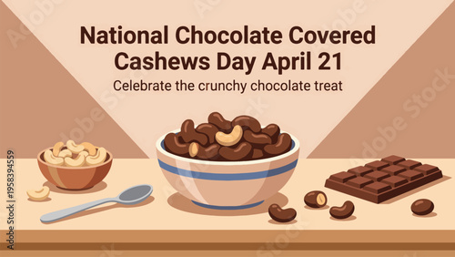 National Chocolate Covered Cashews Day April 21 Snack Illustration, Crunchy Chocolate Coated Cashew Nuts Bowl with Chocolate Bar, Sweet Dessert Concept Flat Vector Design