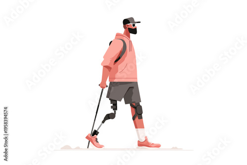 Young male with prosthetic leg walking outdoors in casual clothing