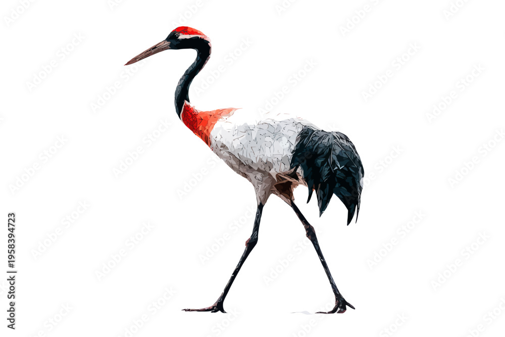 Obraz premium Elegant red-crowned crane standing on one leg in minimalist white background