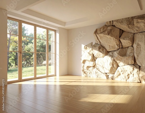 Light-filled room with rock wall and large window view
