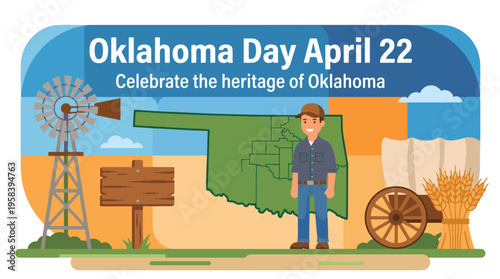 Oklahoma Day April 22 Heritage Illustration, Cowboy with State Map Windmill and Wheat, American Culture and History Concept Flat Vector Design
