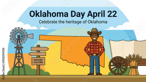 A cartoon illustration celebrating Oklahoma Day on April 22, featuring a cowboy, windmill, covered wagon, and the state map outline, representing its history and culture.