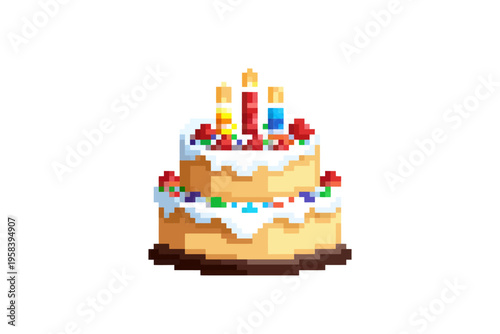 Pixel art birthday cake with colorful candles and icing details