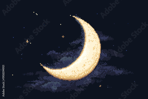 Pixel art crescent moon with stars in a night sky