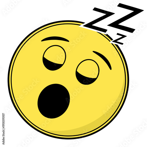 Sleepy yellow emoji face with closed eyes and open mouth, zzz letters indicating slumber, tired emoticon icon on white background