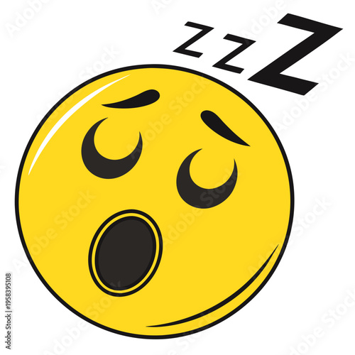 Sleepy yellow emoji face with closed eyes and open mouth, zzz letters indicating slumber, tired emoticon icon on white background