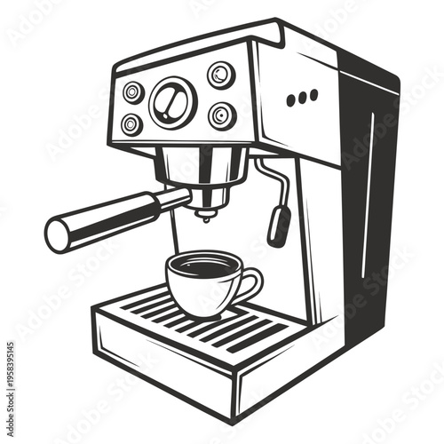 Professional espresso maker machine vector illustration with cup and portafilter for coffee shop logo or restaurant menu decoration and branding art
