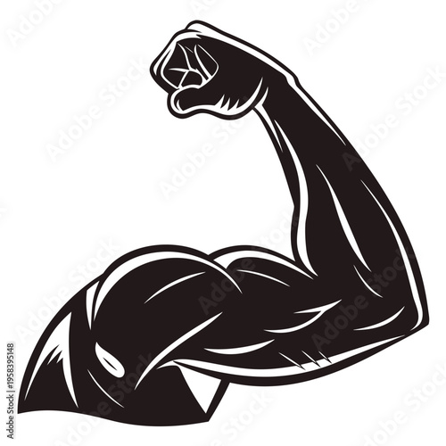 Strong muscular male arm flexing bicep showing strength power and fitness in monochrome graphic design