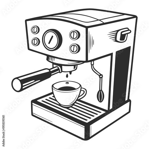 Vintage style hand drawn espresso machine illustration with portafilter and coffee cup isolated on white background for cafe branding and menu design