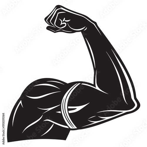 Strong muscular male arm flexing bicep showing strength power and fitness in monochrome graphic design