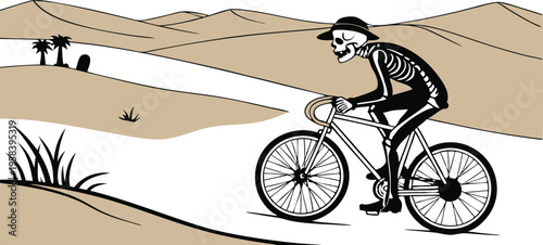 Vector illustration of skeleton riding bicycle in desert landscape