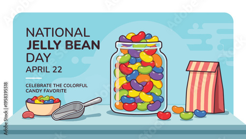 National Jelly Bean Day April 22 Candy Jar Illustration, Colorful Jelly Beans Assortment with Scoop, Sweet Treat and Confectionery Concept Flat Vector Design