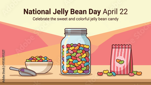 National Jelly Bean Day banner with a jar, bowl, and bag of colorful jelly beans on a wooden table.