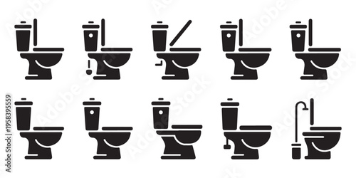 Toilet bowl icons set for bathroom interior design and plumbing service advertising featuring diverse shapes