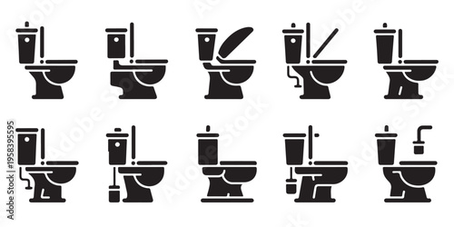 Black silhouette icons of toilets showing different shapes and features ideal for interior design and plumbing services