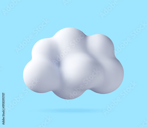 White puffy cloud icon in 3D style isolated on blue background. Minimalist weather symbol for computer interface and mobile app design. Digital cloud computing and storage concept. Vector illustration