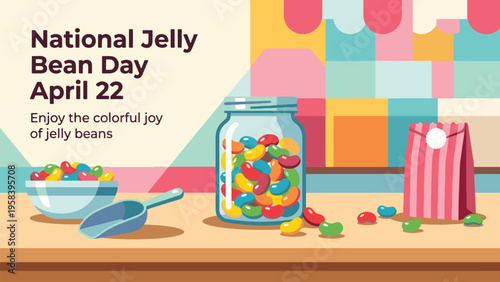 National Jelly Bean Day April 22 Candy Illustration, Colorful Jelly Beans in Jar and Bowl, Sweet Treat Dessert and Confectionery Concept Flat Vector Design