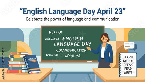 English Language Day April 23 Education Illustration, Teacher Presenting Language Communication and Vocabulary on Blackboard, Literacy and Learning Concept Flat Vector Design