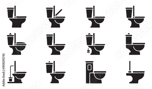 Set of various toilet bowl icons, lavatory symbols, wc illustrations, water closet sign collection