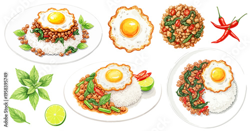ガパオライスの水彩風イラストセット｜タイ料理・目玉焼き・バジル炒めご飯