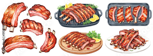 スペアリブとバーベキューリブの水彩風イラストセット｜骨付き肉・グリル・BBQ料理