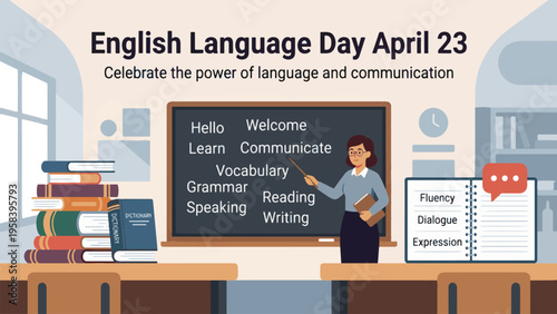 English Language Day April 23 Classroom Illustration, Student Learning Vocabulary Grammar and Communication Skills, Education Literacy and Language Development Concept Flat Vector Design