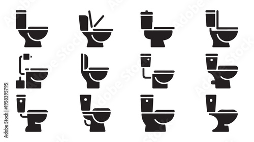 Set of various toilet bowl icons, lavatory symbols, wc illustrations, water closet sign collection