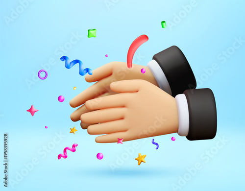 3d vector illustration of businessman hands clapping. Cartoon hands in suit sleeves applauding with confetti. Celebrate business success, achievement, reward and appreciation. Vector illustration