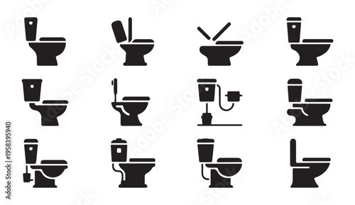 Bathroom ceramic toilet icons featuring different tank styles and brush accessories for hygiene maintenance