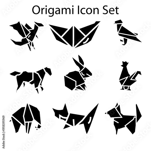 set of origami animal and boat glyph solid black icon vector