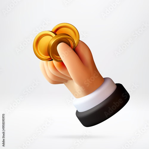 3d cartoon hand of businessman holding golden coins. Hand gesture showing wealth, investment and profit. Financial concept for business growth and savings or banking. Vector illustration