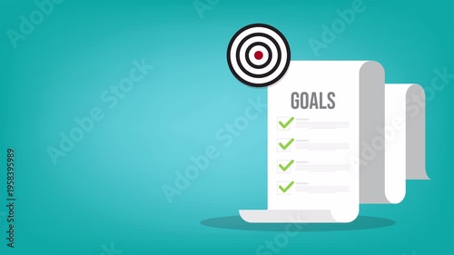 Business Goals Checklist Animation with Arrow Hitting Target Bullseye, Strategy Planning Loop, Success Achievement Concept, Marketing and Project Management Motion Background