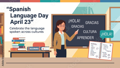 Spanish Language Day April 23 Education Illustration, Teacher with Spanish Vocabulary Board and Books, Language Learning and Cultural Awareness Concept Flat Vector Design