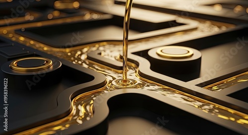 Golden liquid flowing through dark technology pathways