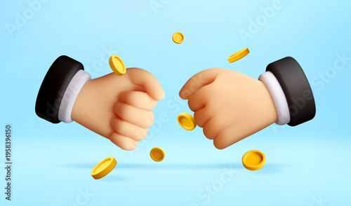 Cartoon 3d hands fist bump with gold coins flying. Business partnership and success concept. Financial cooperation and deal agreement in corporate environment. Vector illustration