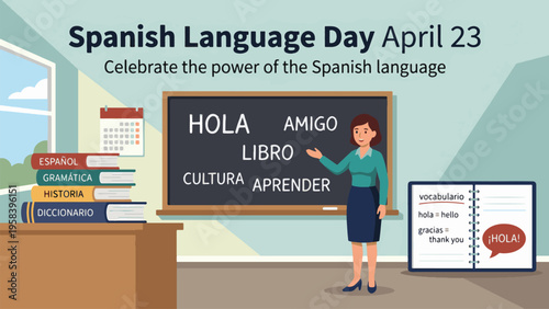 Spanish Language Day April 23 Education Illustration, Teacher Explaining Spanish Words on Board, Learning Language and Cultural Awareness Concept Flat Vector Design