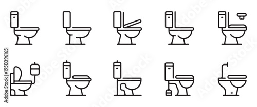 Set of toilet vector icons. various bathroom porcelain appliances with different angles and features