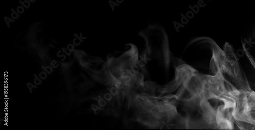 Foto Abstract white smoke swirling on black background, dynamic vapor movement with s
