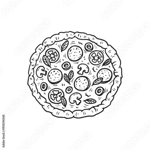 Hand drawn sketch pizza. Pizza with salami,mushrooms, basil leaf and melted cheese for pizzeria package and menu designs. Vector illustration.