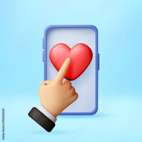 3D Hand touching red heart icon on mobile phone screen. Social media and like concept. 3D digital illustration of love interaction on smartphone display for online communication. Vector illustration